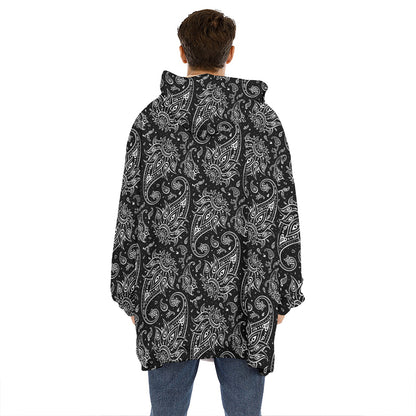 White And Black Paisley Pattern Print Hoodie Blanket