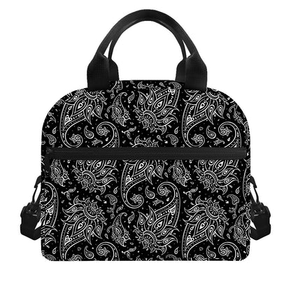 White And Black Paisley Pattern Print Insulated Lunch Bag