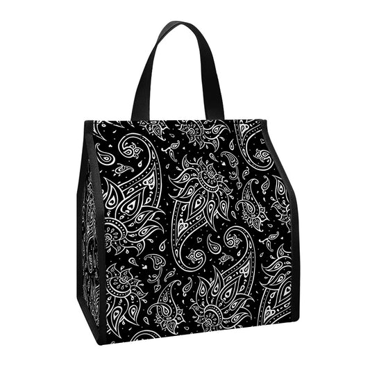 White And Black Paisley Pattern Print Insulated Lunch Tote