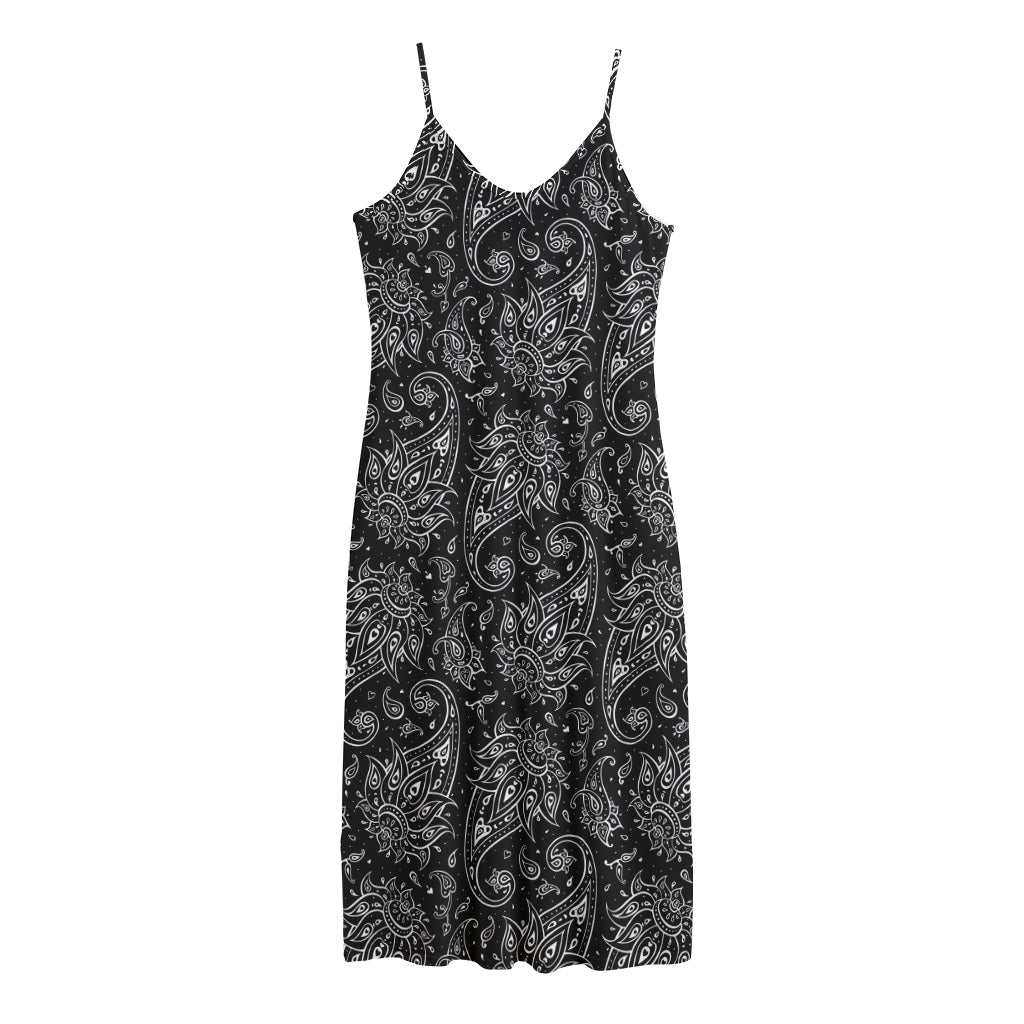 White And Black Paisley Pattern Print Jersey Midi Cami Dress