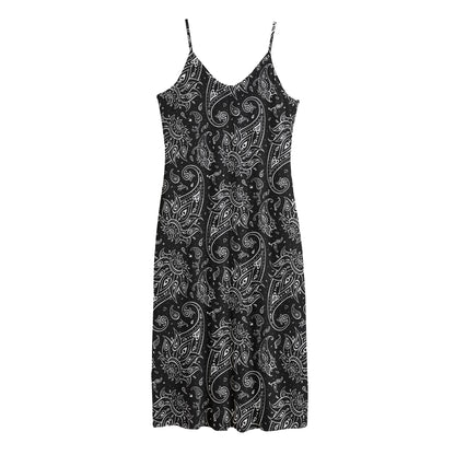 White And Black Paisley Pattern Print Jersey Midi Cami Dress