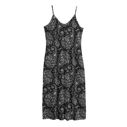White And Black Paisley Pattern Print Jersey Midi Cami Dress