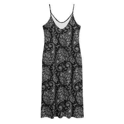 White And Black Paisley Pattern Print Jersey Midi Cami Dress