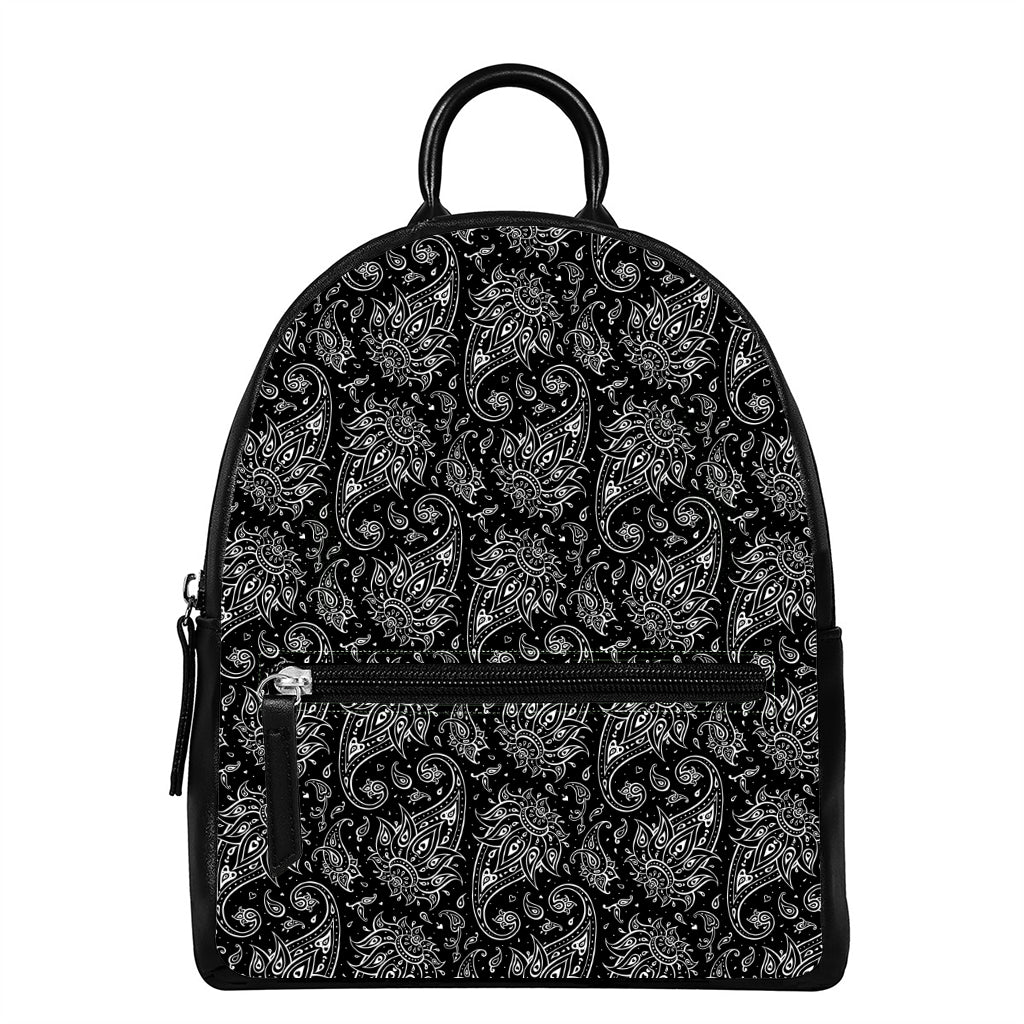 White And Black Paisley Pattern Print Leather Backpack