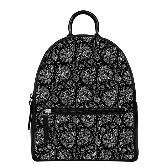 White And Black Paisley Pattern Print Leather Backpack