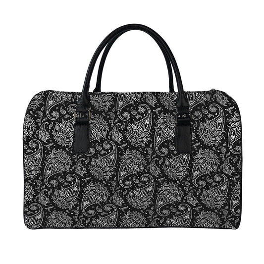 White And Black Paisley Pattern Print Leather Duffle Bag