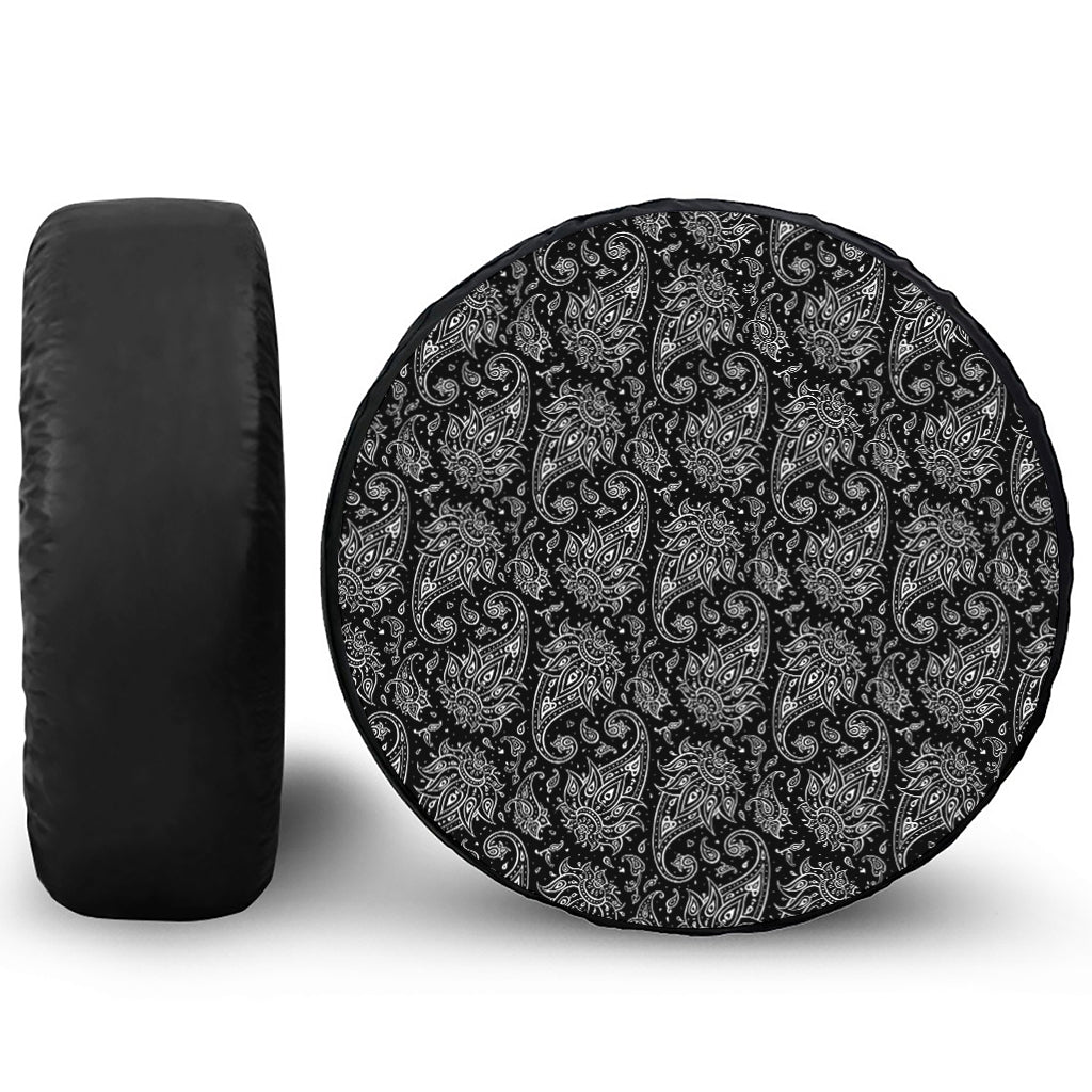 White And Black Paisley Pattern Print Leather Spare Tire Cover