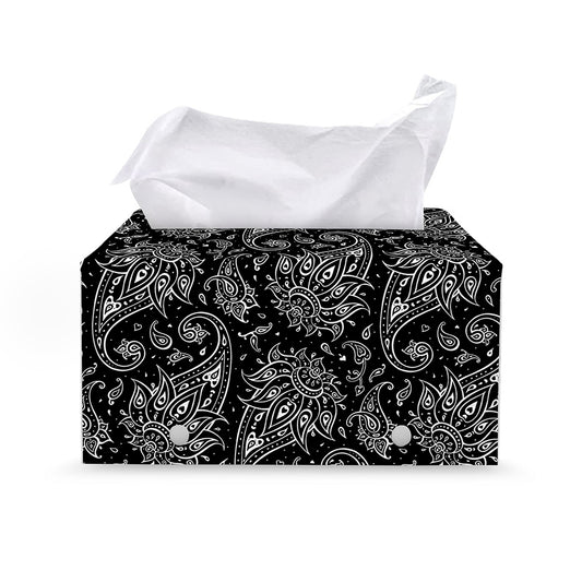 White And Black Paisley Pattern Print Leather Tissue Box Cover