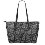 White And Black Paisley Pattern Print Leather Tote Bag