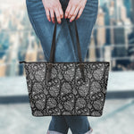 White And Black Paisley Pattern Print Leather Tote Bag