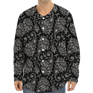 White And Black Paisley Pattern Print Long Sleeve Baseball Jersey