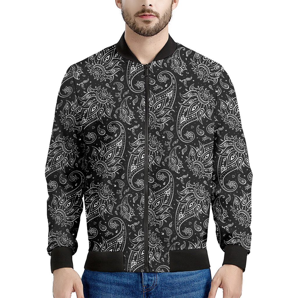 White And Black Paisley Pattern Print Men's Bomber Jacket