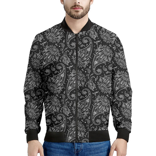 White And Black Paisley Pattern Print Men's Bomber Jacket