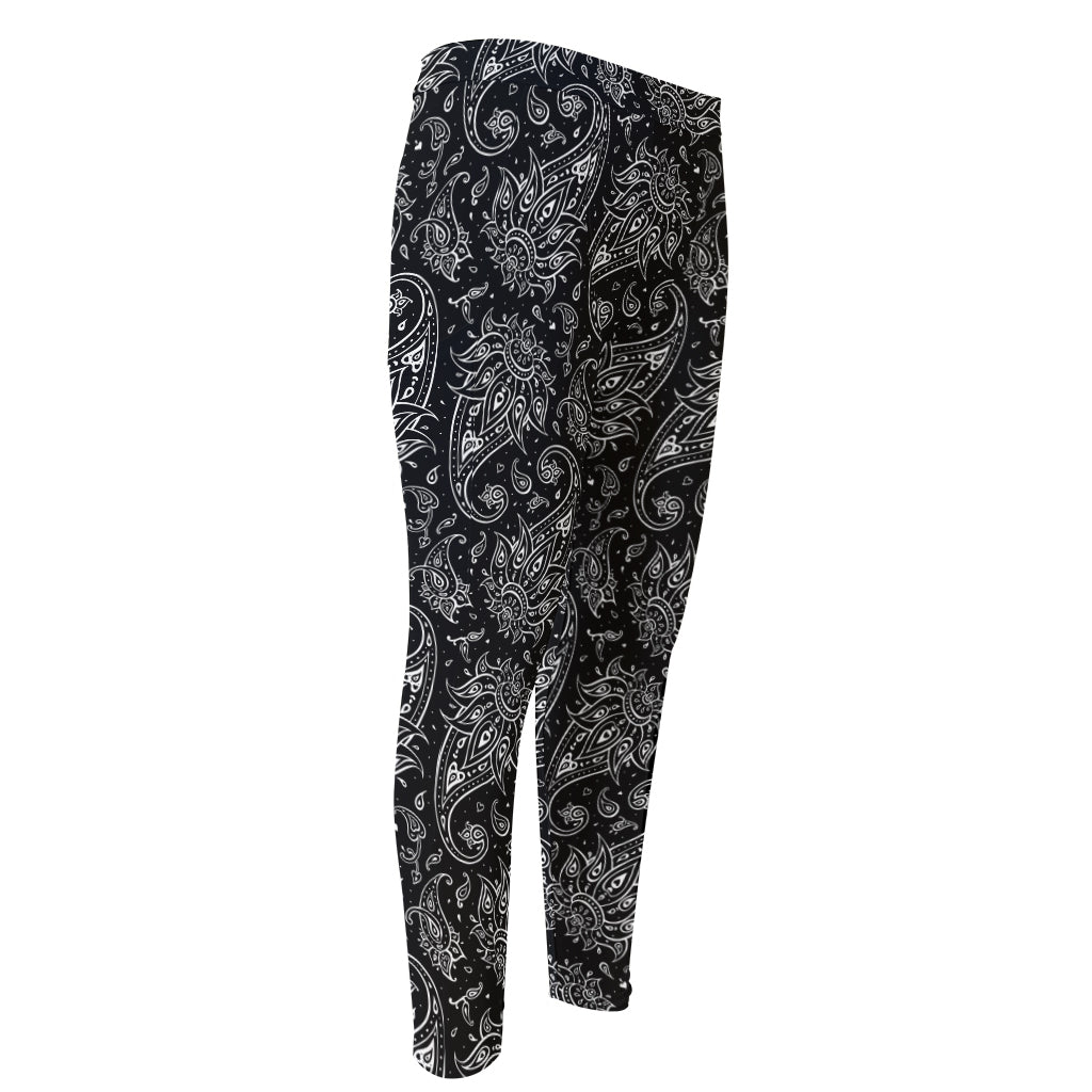 White And Black Paisley Pattern Print Men's Compression Pants