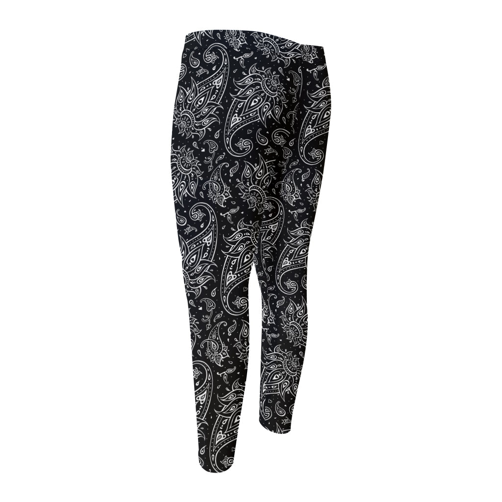 White And Black Paisley Pattern Print Men's Compression Pants
