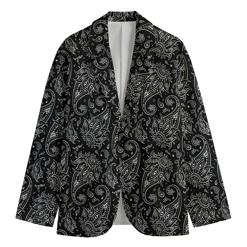 White And Black Paisley Pattern Print Men's Cotton Blazer