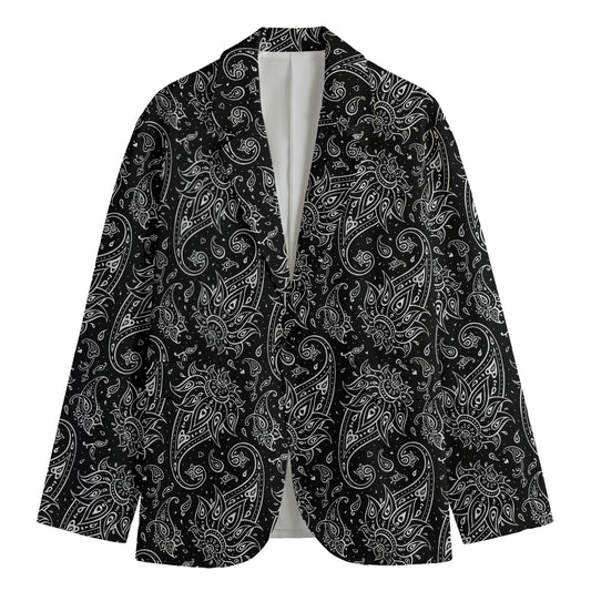 White And Black Paisley Pattern Print Men's Cotton Blazer