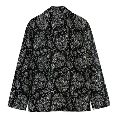 White And Black Paisley Pattern Print Men's Cotton Blazer