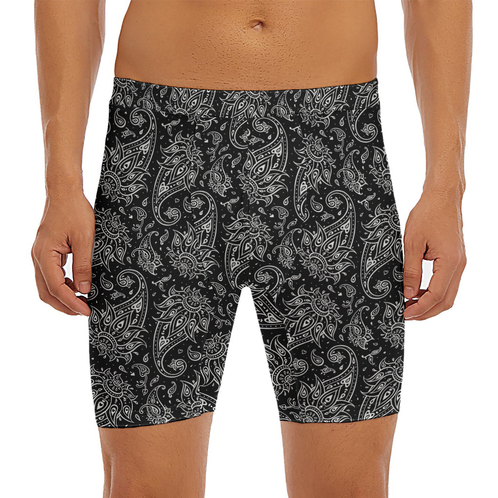 White And Black Paisley Pattern Print Men's Long Boxer Briefs