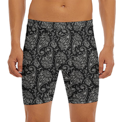 White And Black Paisley Pattern Print Men's Long Boxer Briefs