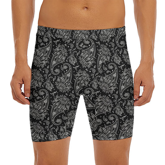 White And Black Paisley Pattern Print Men's Long Boxer Briefs