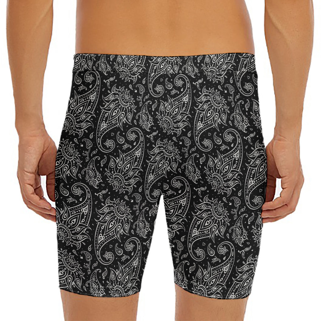 White And Black Paisley Pattern Print Men's Long Boxer Briefs