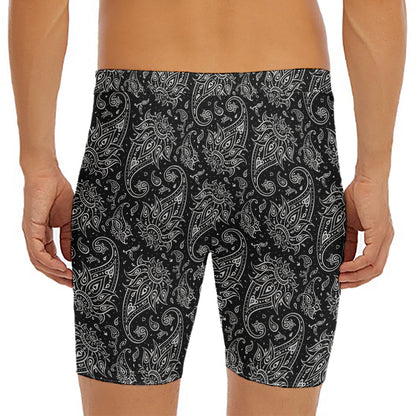 White And Black Paisley Pattern Print Men's Long Boxer Briefs