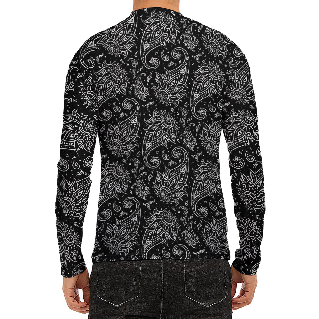 White And Black Paisley Pattern Print Men's Long Sleeve Rash Guard