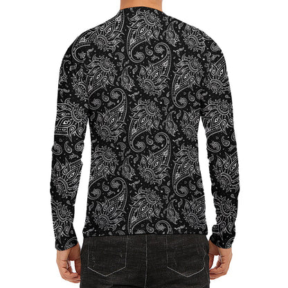 White And Black Paisley Pattern Print Men's Long Sleeve Rash Guard