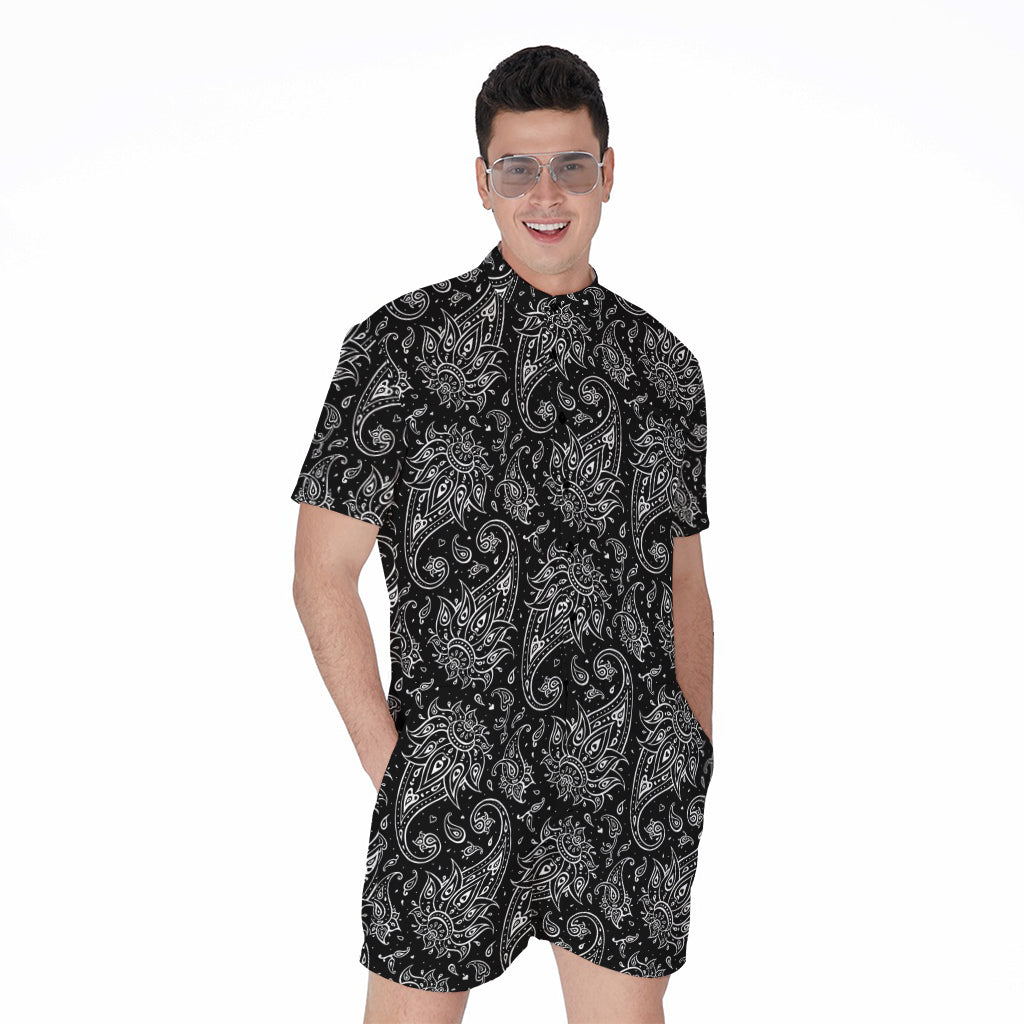 White And Black Paisley Pattern Print Men's Rompers