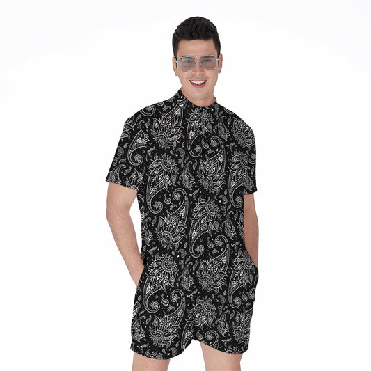 White And Black Paisley Pattern Print Men's Rompers