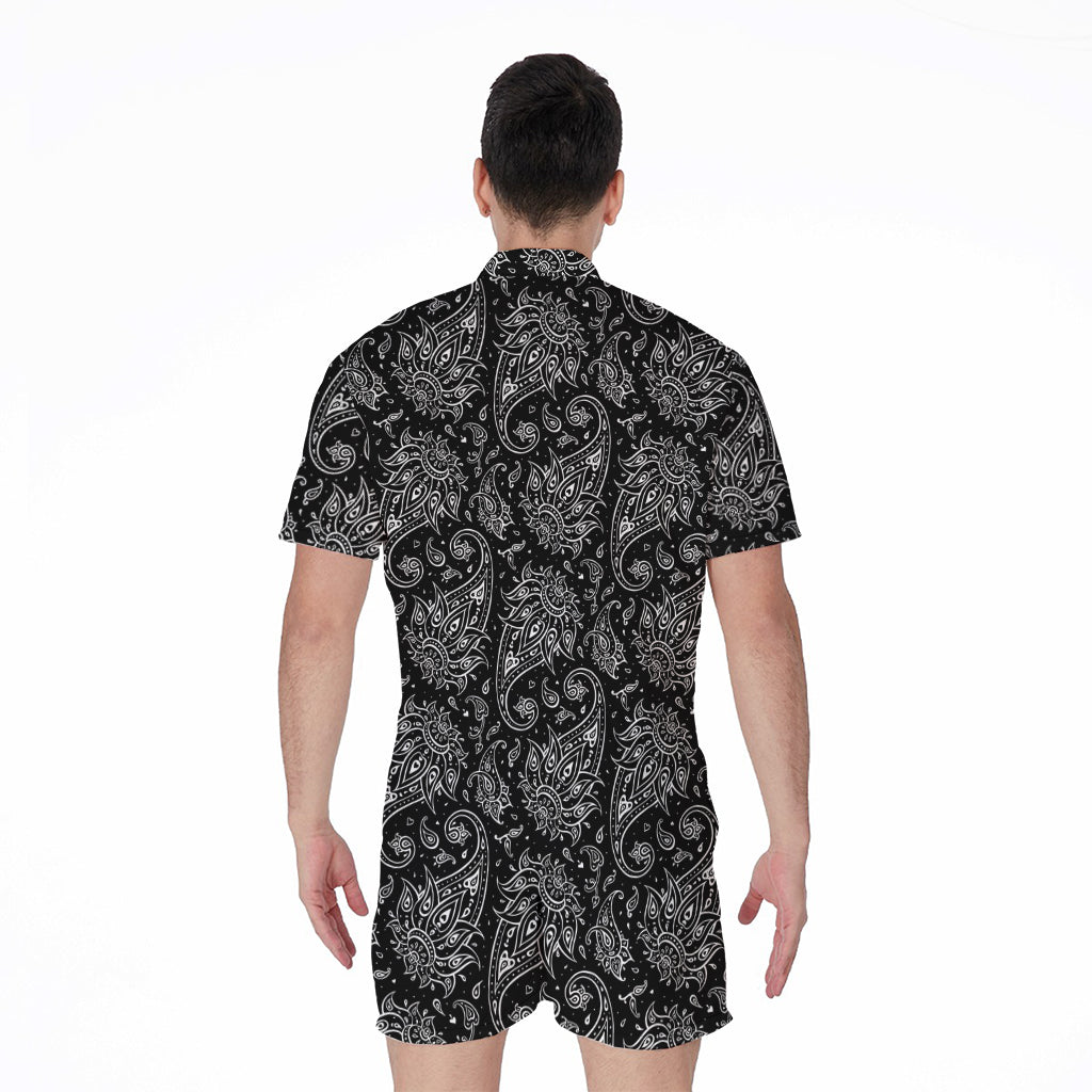 White And Black Paisley Pattern Print Men's Rompers