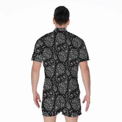 White And Black Paisley Pattern Print Men's Rompers