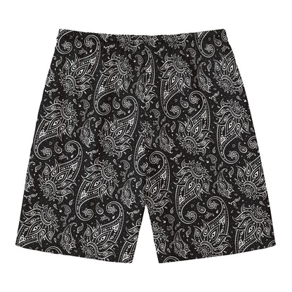 White And Black Paisley Pattern Print Men's Swim Trunks