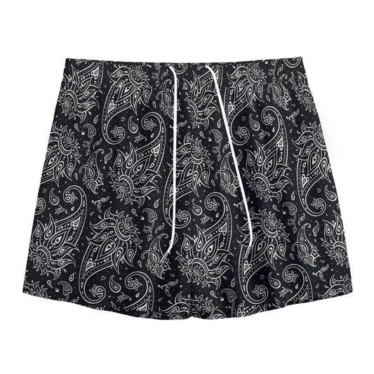 White And Black Paisley Pattern Print Mesh Shorts