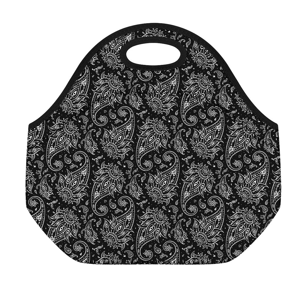 White And Black Paisley Pattern Print Neoprene Lunch Bag