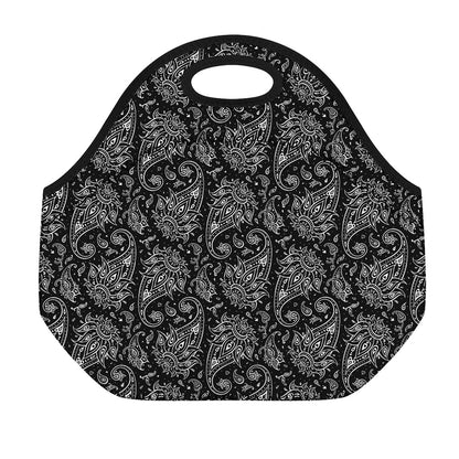 White And Black Paisley Pattern Print Neoprene Lunch Bag