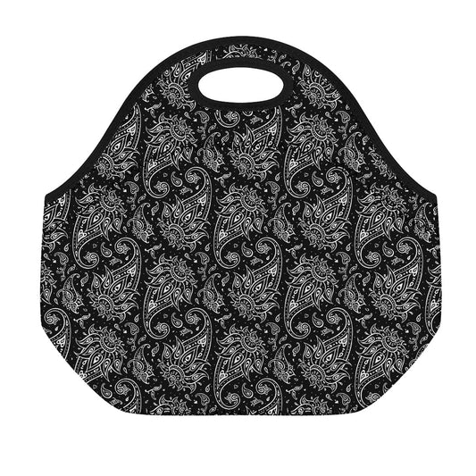 White And Black Paisley Pattern Print Neoprene Lunch Bag
