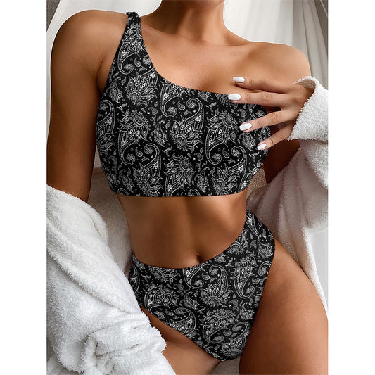 White And Black Paisley Pattern Print One Shoulder Bikini Top