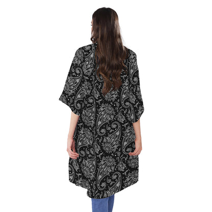 White And Black Paisley Pattern Print Open Front Beach Cover Up