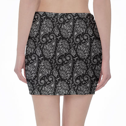 White And Black Paisley Pattern Print Pencil Mini Skirt