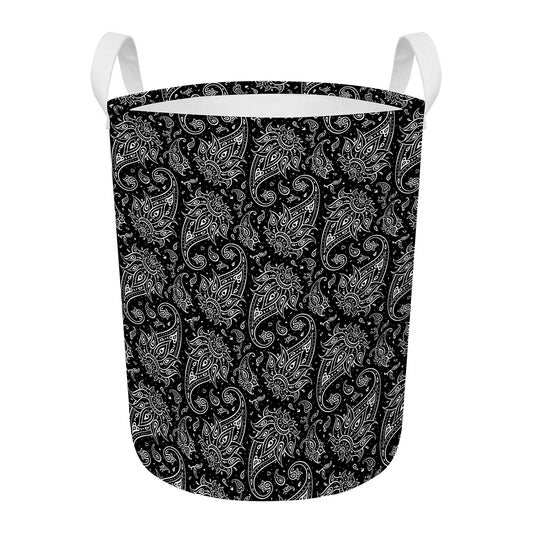 White And Black Paisley Pattern Print Round Laundry Basket