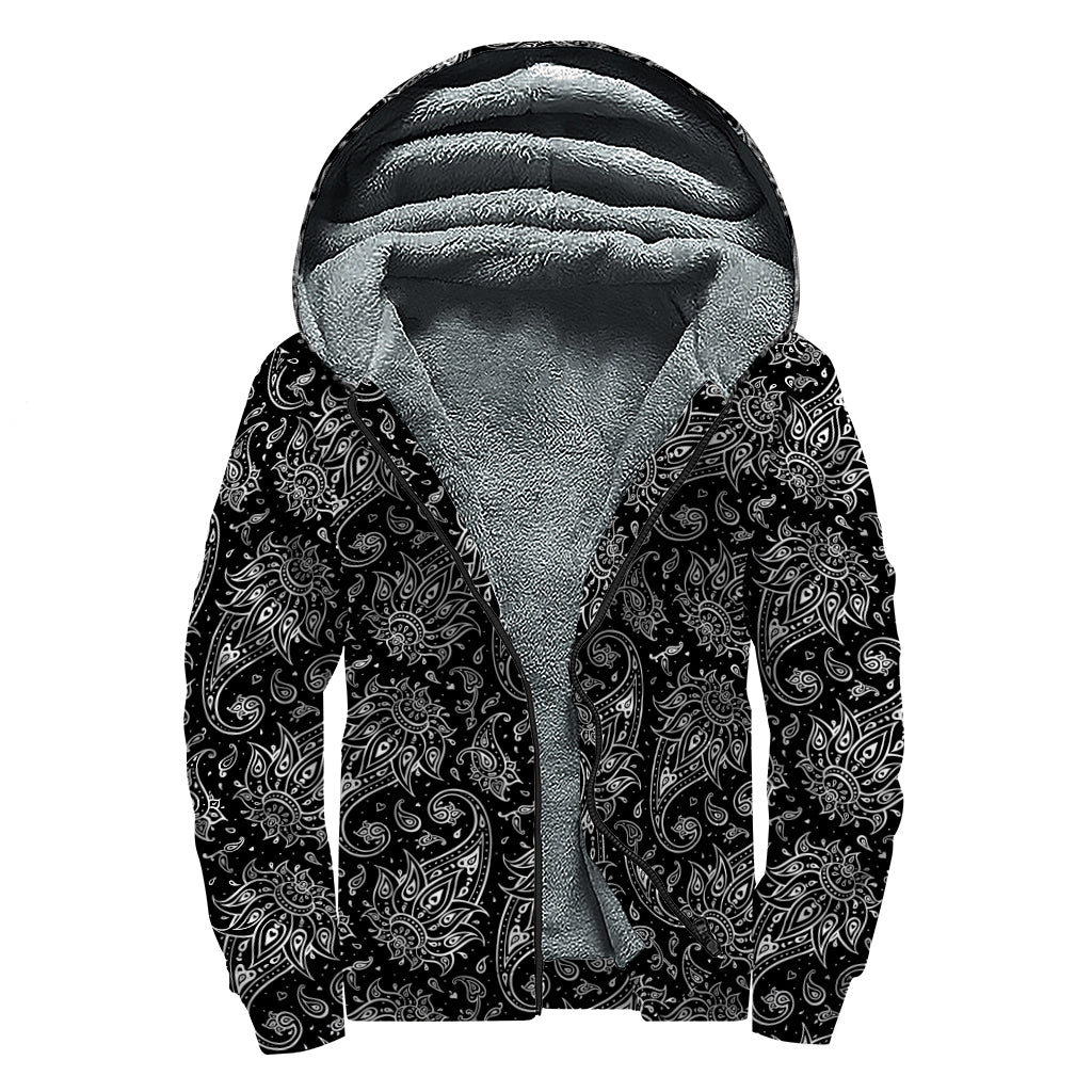 White And Black Paisley Pattern Print Sherpa Lined Zip Up Hoodie