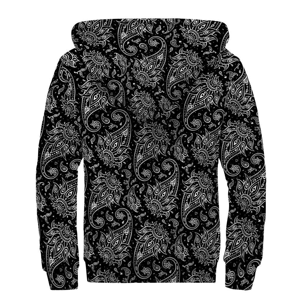 White And Black Paisley Pattern Print Sherpa Lined Zip Up Hoodie