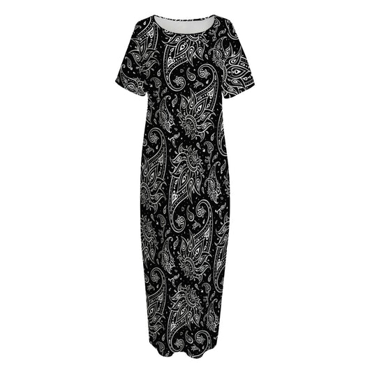 White And Black Paisley Pattern Print Short Sleeve Long Nightdress