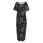 White And Black Paisley Pattern Print Short Sleeve Long Nightdress
