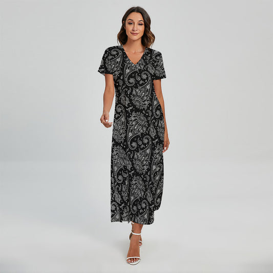 White And Black Paisley Pattern Print Short Sleeve Maxi Dress