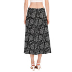 White And Black Paisley Pattern Print Side Slit Midi Skirt