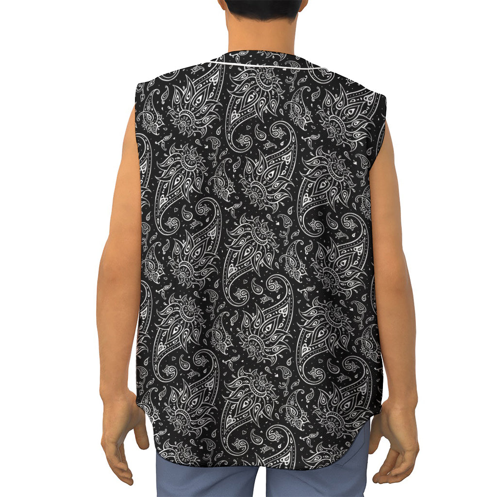 White And Black Paisley Pattern Print Sleeveless Baseball Jersey