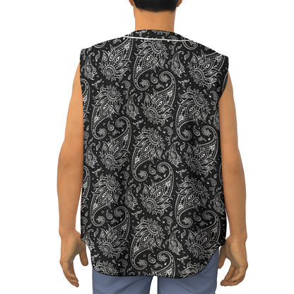 White And Black Paisley Pattern Print Sleeveless Baseball Jersey